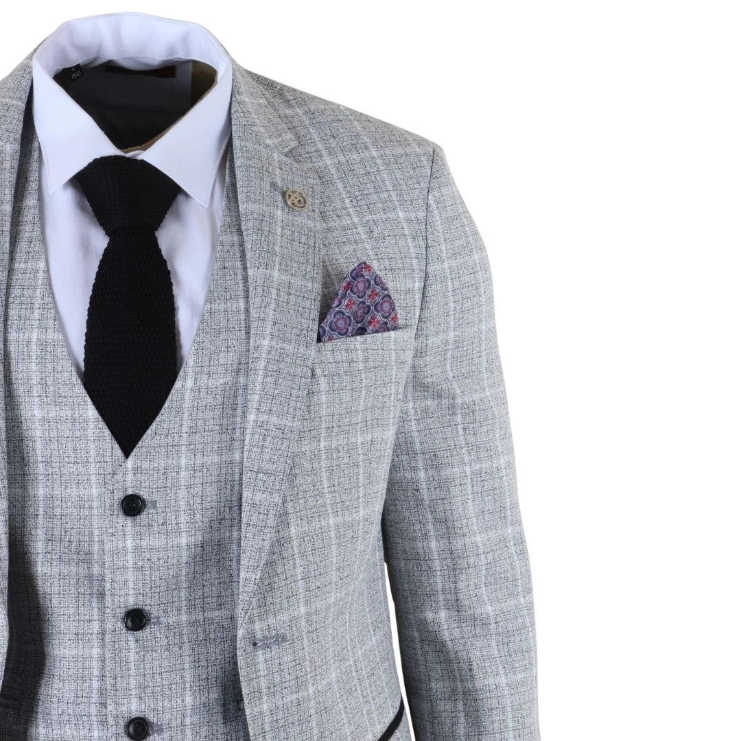 Men's Grey 3 Piece Tailored Fit Check Suit