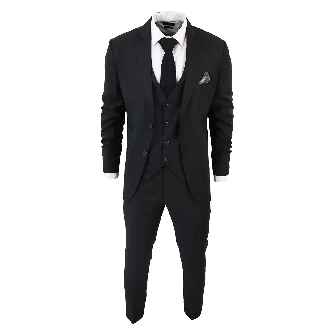 IM1 Men's Classic Black Plain Tailored Fit 3-Piece Suit