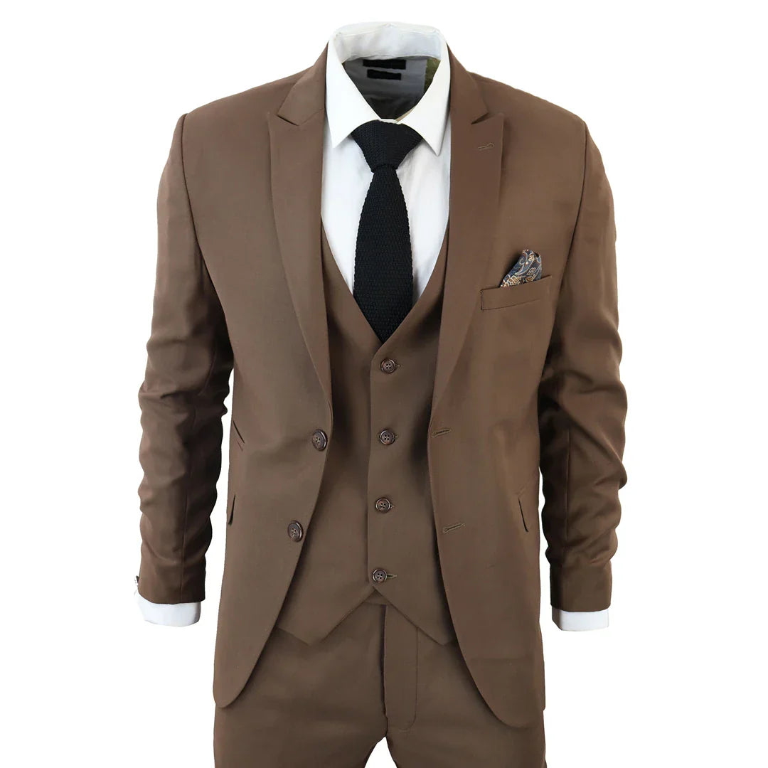 IM1 Men's Classic Brown Plain Tailored Fit 3-Piece Suit