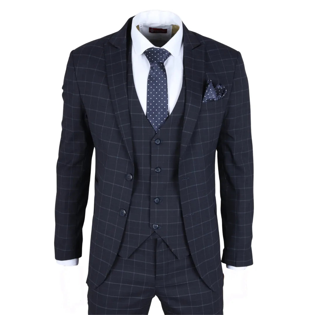 IM3 Men's Navy Checked Tailored Fit 3-Piece Suit