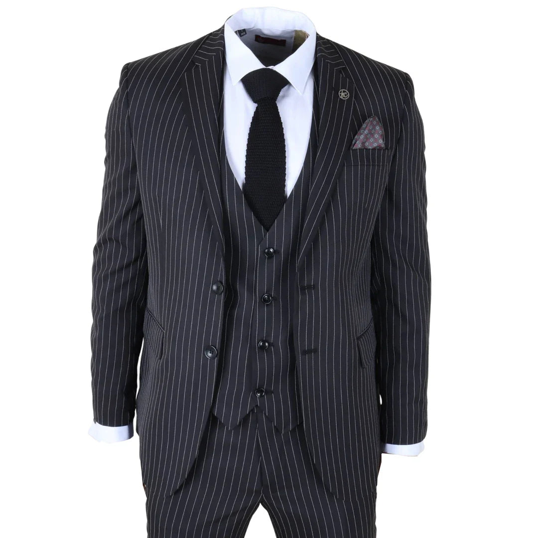 IM45 - Men's Pinstripe 3 Piece Black Suit Mafia Style