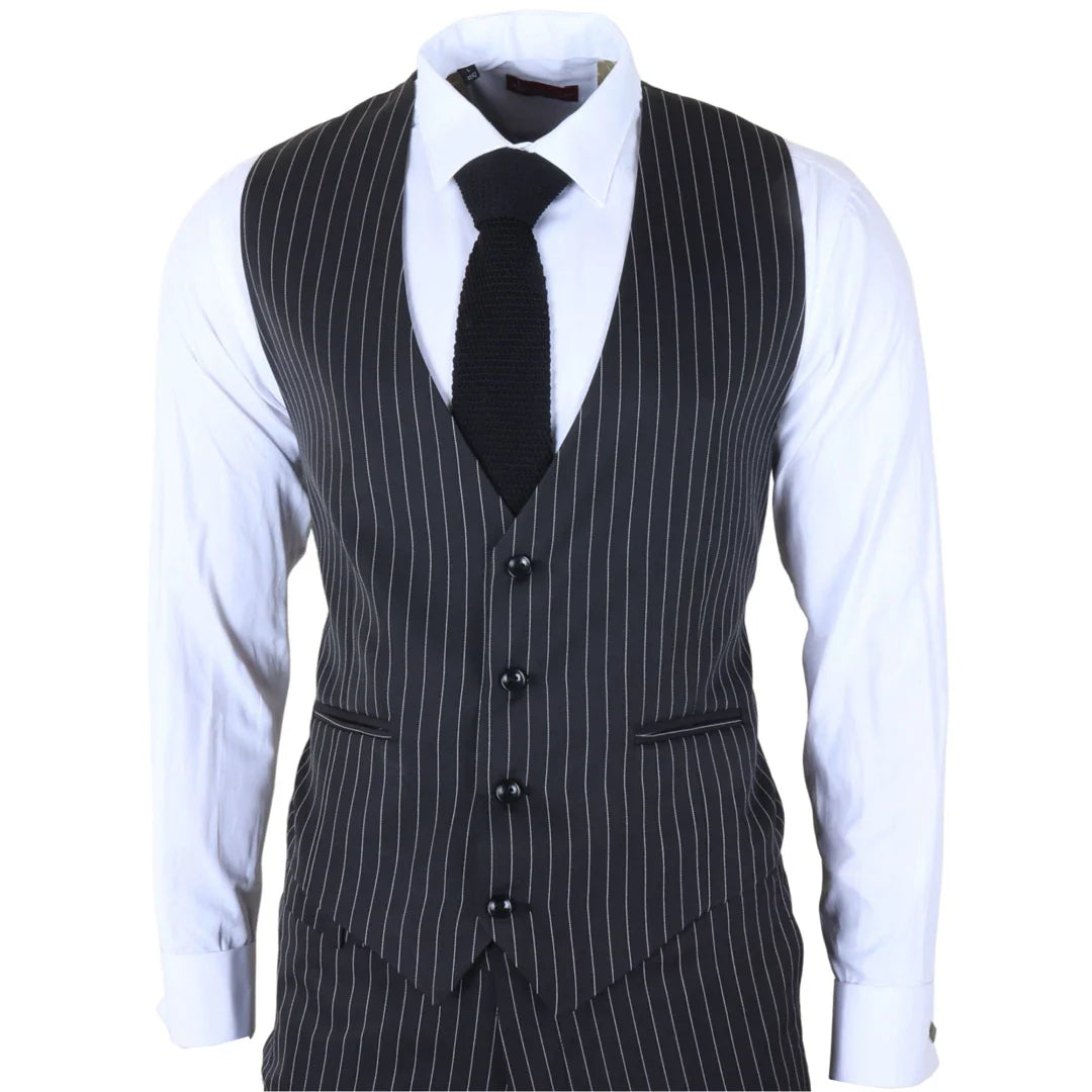 IM45 - Men's Pinstripe 3 Piece Black Suit Mafia Style