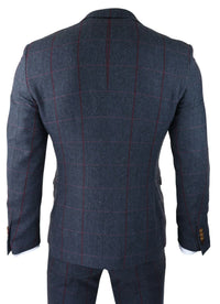 Mens Herringbone Tweed 3 Piece Navy Red Check Suit Vintage 1920s Tailored Fit