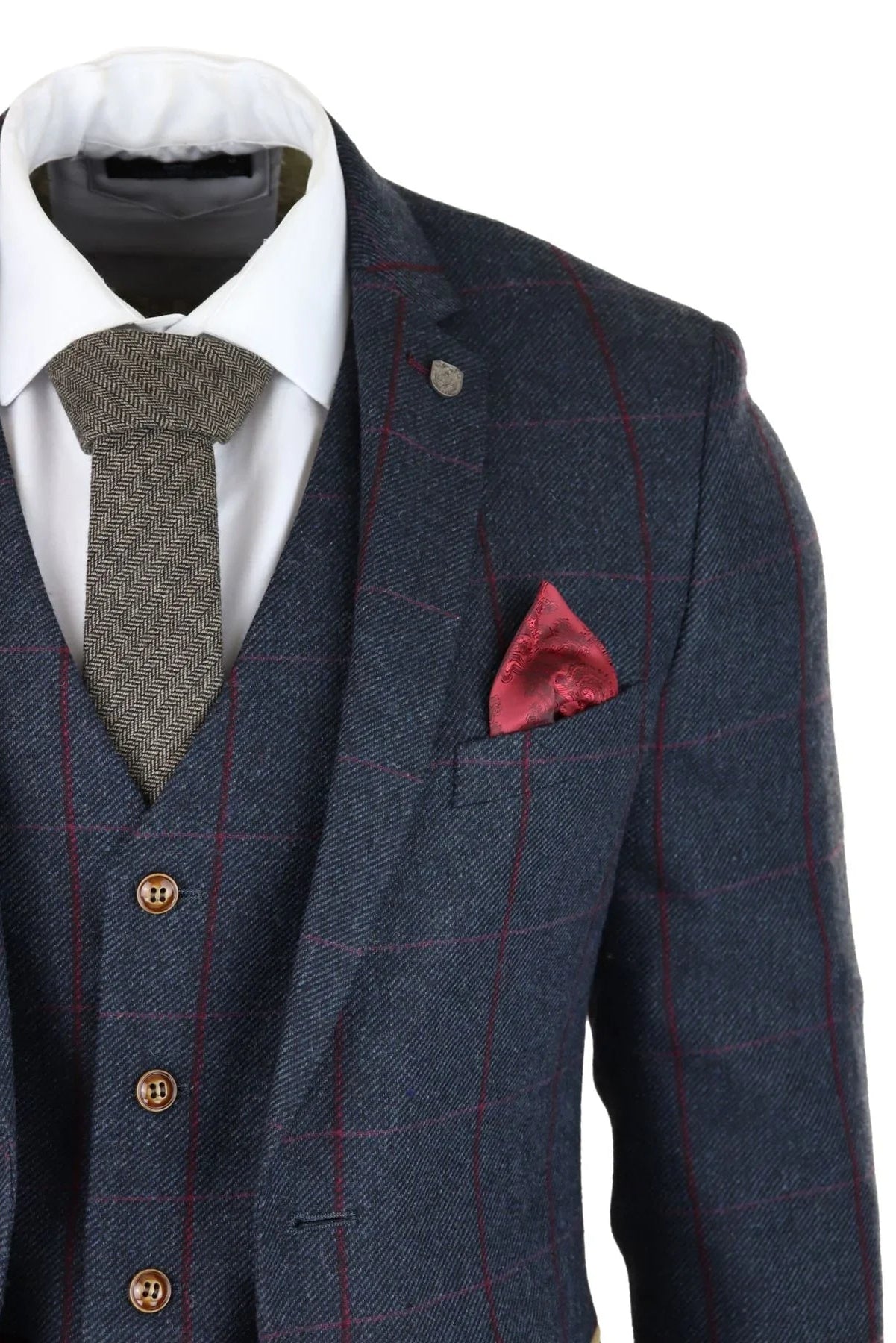 Mens Herringbone Tweed 3 Piece Navy Red Check Suit Vintage 1920s Tailored Fit