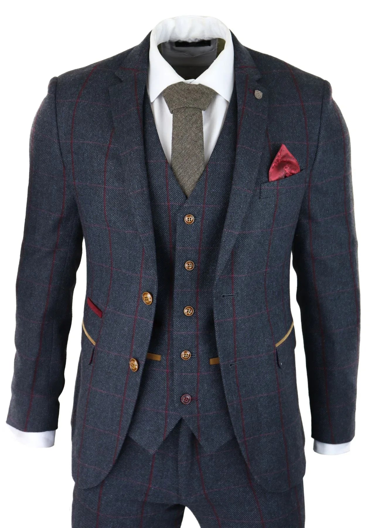 Mens Herringbone Tweed 3 Piece Navy Red Check Suit Vintage 1920s Tailored Fit
