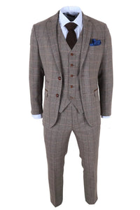 Harris - Men's Brown 3 Piece Herringbone Check Tweed Suit