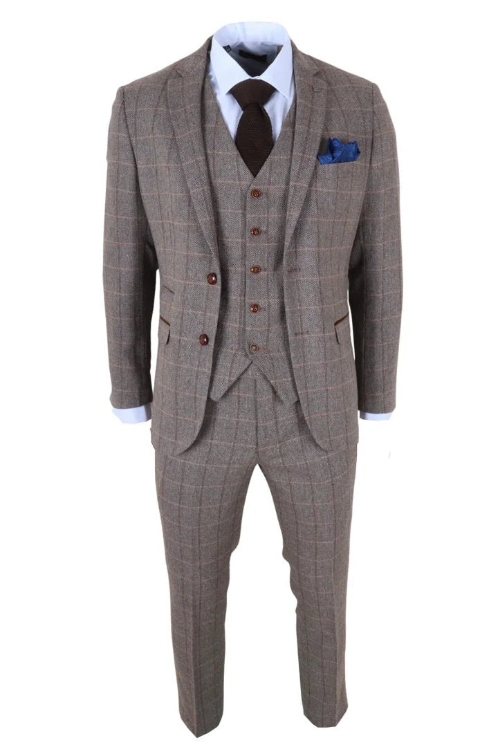Harris - Men's Brown 3 Piece Herringbone Check Tweed Suit