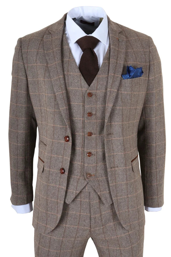 Harris - Men's Brown 3 Piece Herringbone Check Tweed Suit