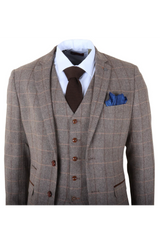 Harris - Men's Brown 3 Piece Herringbone Check Tweed Suit