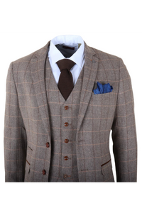 Harris - Men's Brown 3 Piece Herringbone Check Tweed Suit