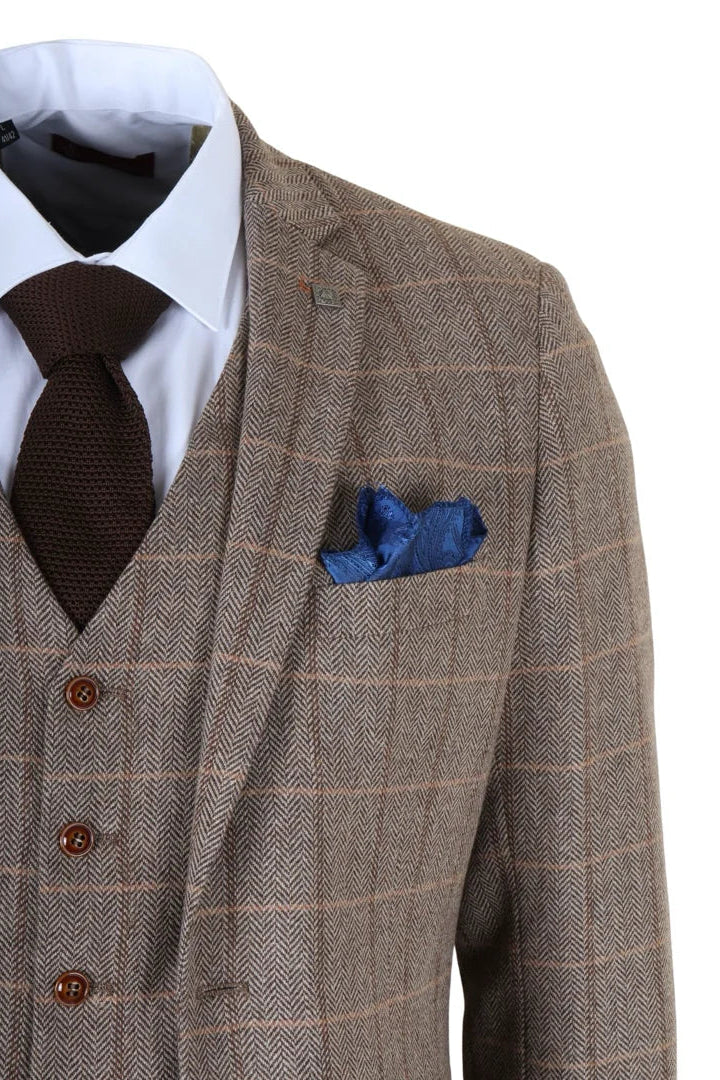 Harris - Men's Brown 3 Piece Herringbone Check Tweed Suit