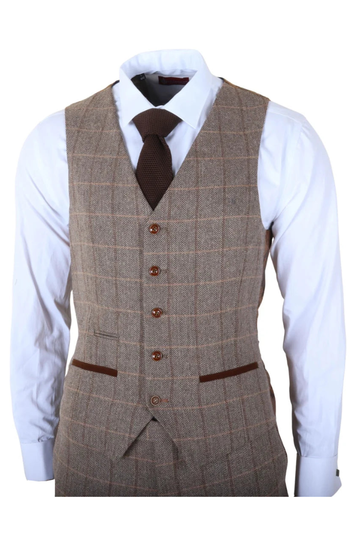 Harris - Men's Brown 3 Piece Herringbone Check Tweed Suit