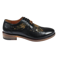 Ross - Men's Floral Print Leather Black Brogue Shoes