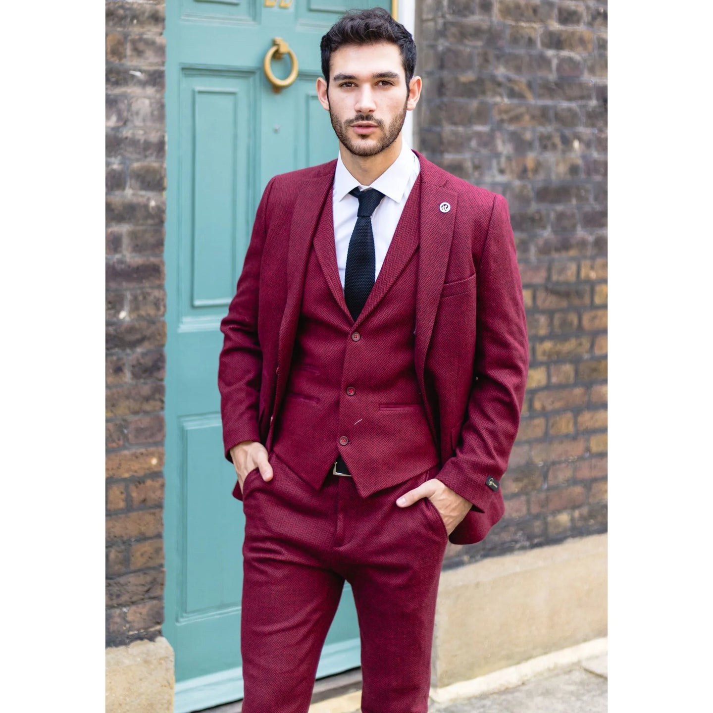 Men's Herringbone Wine Maroon 3 Piece Tweed Suit - STZ11