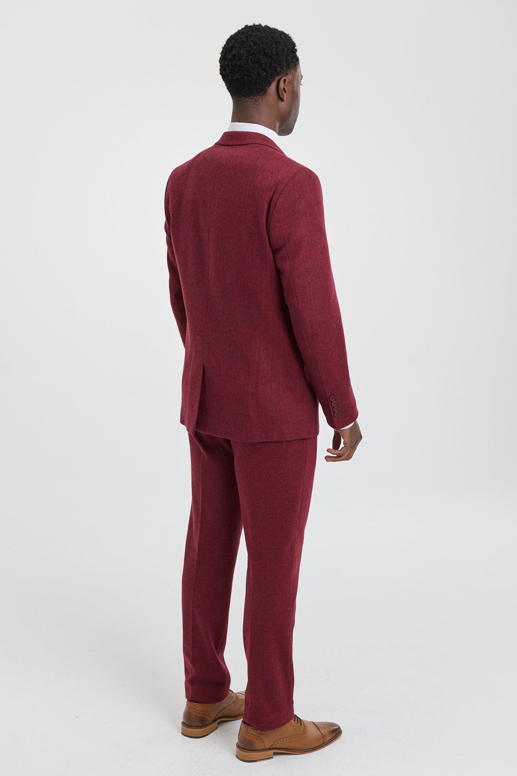 Men's Herringbone Wine Maroon 3 Piece Tweed Suit - STZ11