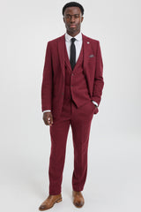 Men's Herringbone Wine Maroon 3 Piece Tweed Suit - STZ11