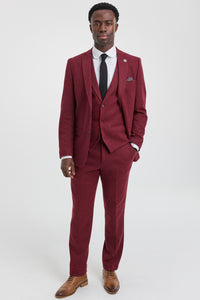 Men's Herringbone Wine Maroon 3 Piece Tweed Suit - STZ11