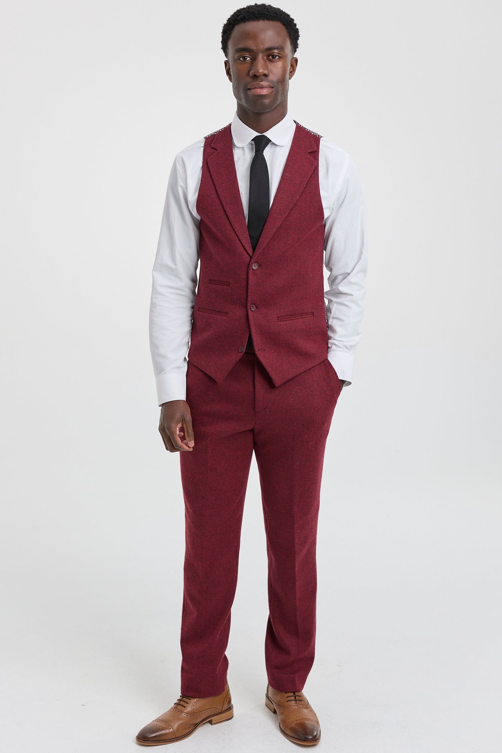 Men's Herringbone Wine Maroon 3 Piece Tweed Suit - STZ11