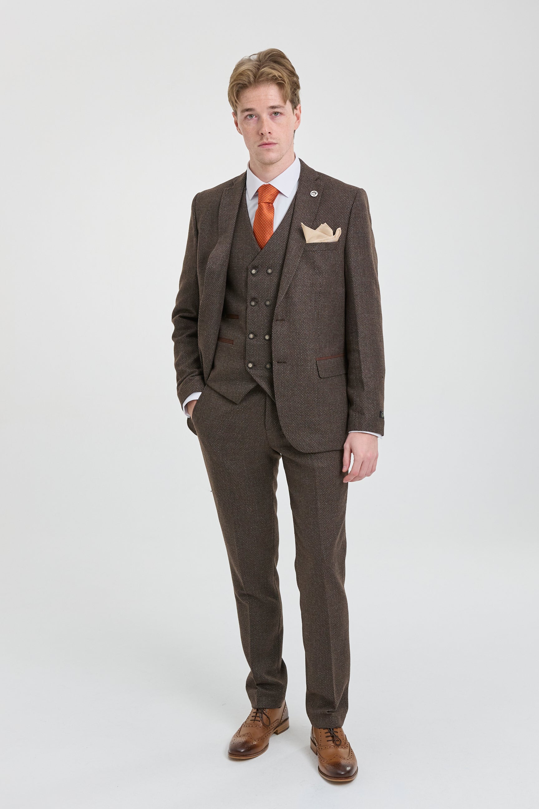 Mens Brown 3 Piece Suit with Double Breasted Waistcoat