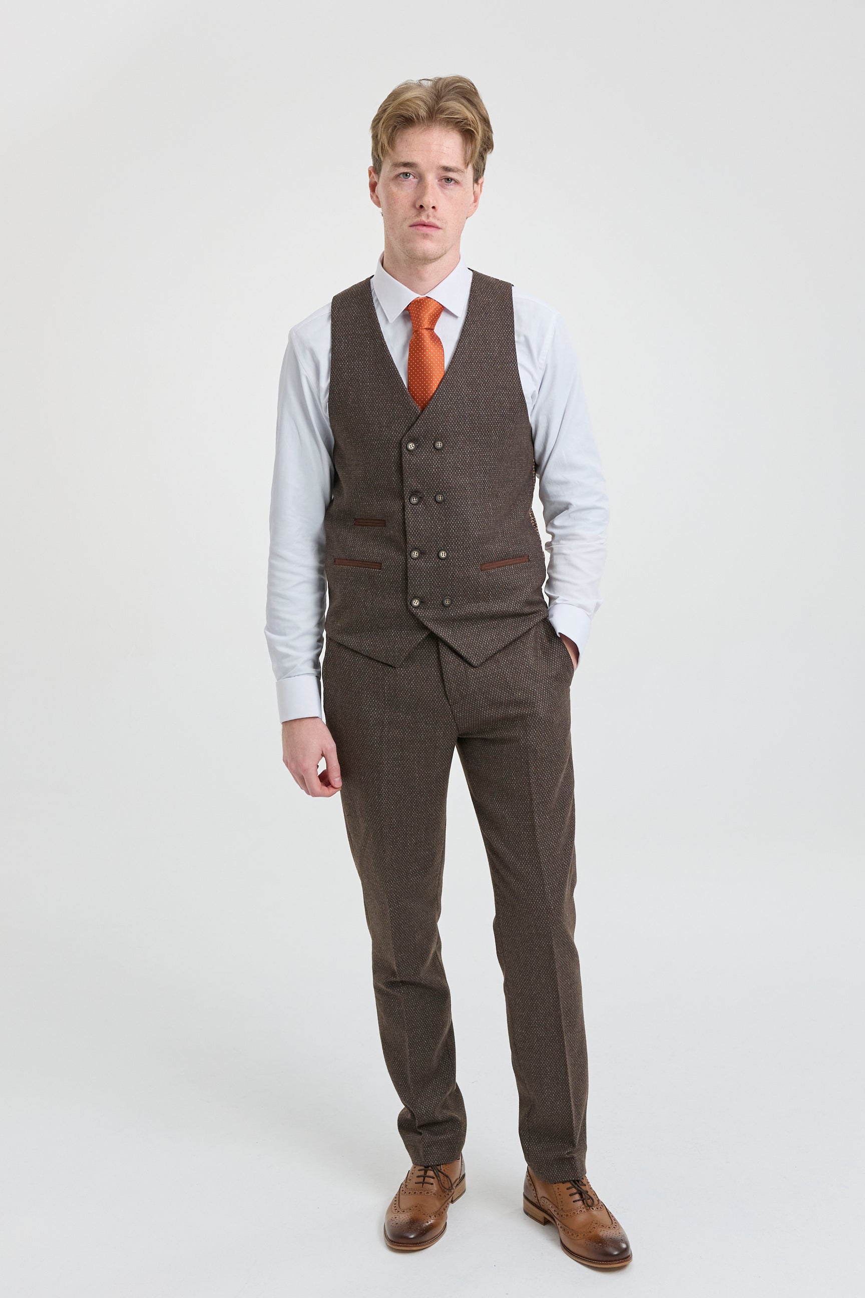 Mens Brown 3 Piece Suit with Double Breasted Waistcoat