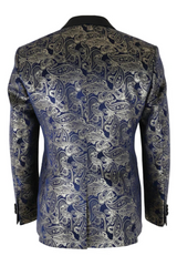 STZ63 - Mens Velvet Paisley Floral Blue Gold Tuxedo Blazer