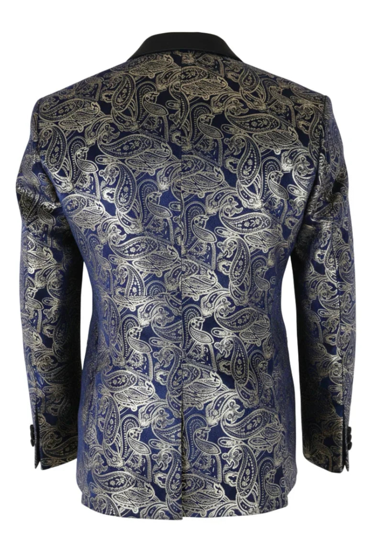 STZ63 - Mens Velvet Paisley Floral Blue Gold Tuxedo Blazer