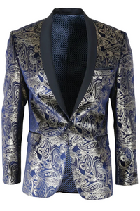STZ63 - Mens Velvet Paisley Floral Blue Gold Tuxedo Blazer