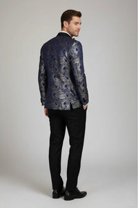 STZ63 - Mens Velvet Paisley Floral Blue Gold Tuxedo Blazer