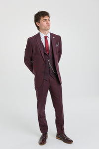 Men's 3 Piece Suit Wool Tweed Plum Wine Check 1920s Gatsby