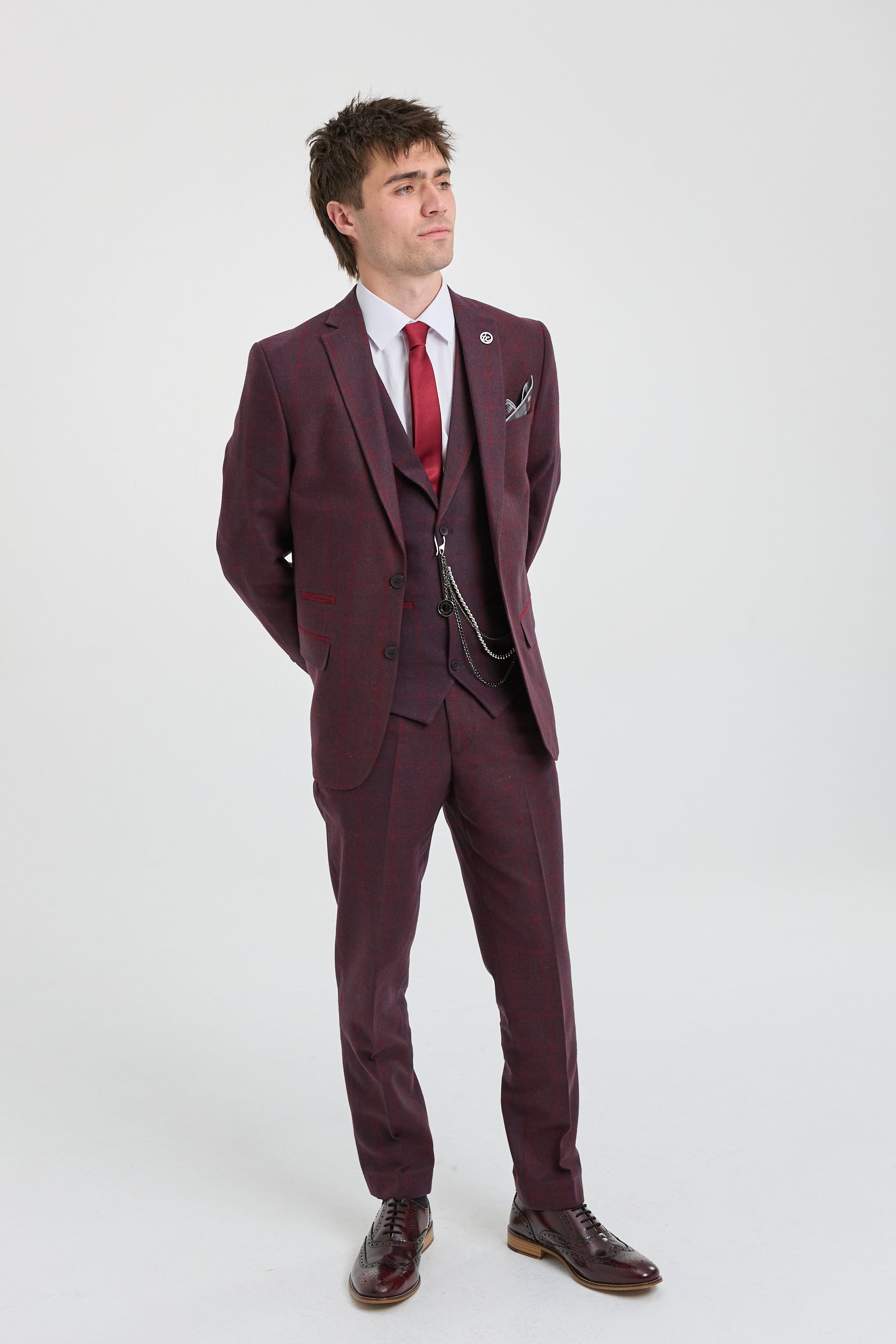 Men's 3 Piece Suit Wool Tweed Plum Wine Check 1920s Gatsby