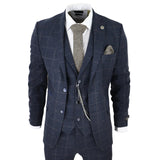 Men's 3 Piece Suit Wool Tweed Navy Blue Brown Check 1920s Gatsby