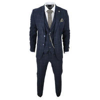 Men's 3 Piece Suit Wool Tweed Navy Blue Brown Check 1920s Gatsby