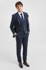 Men's 3 Piece Suit Wool Tweed Navy Blue Brown Check 1920s Gatsby