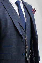 Men's 3 Piece Suit Wool Tweed Navy Blue Brown Check 1920s Gatsby