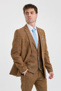 Men's 3 Piece Suit Wool Tweed Herringbone Tan Brown Blue Check 1920s Gatsby