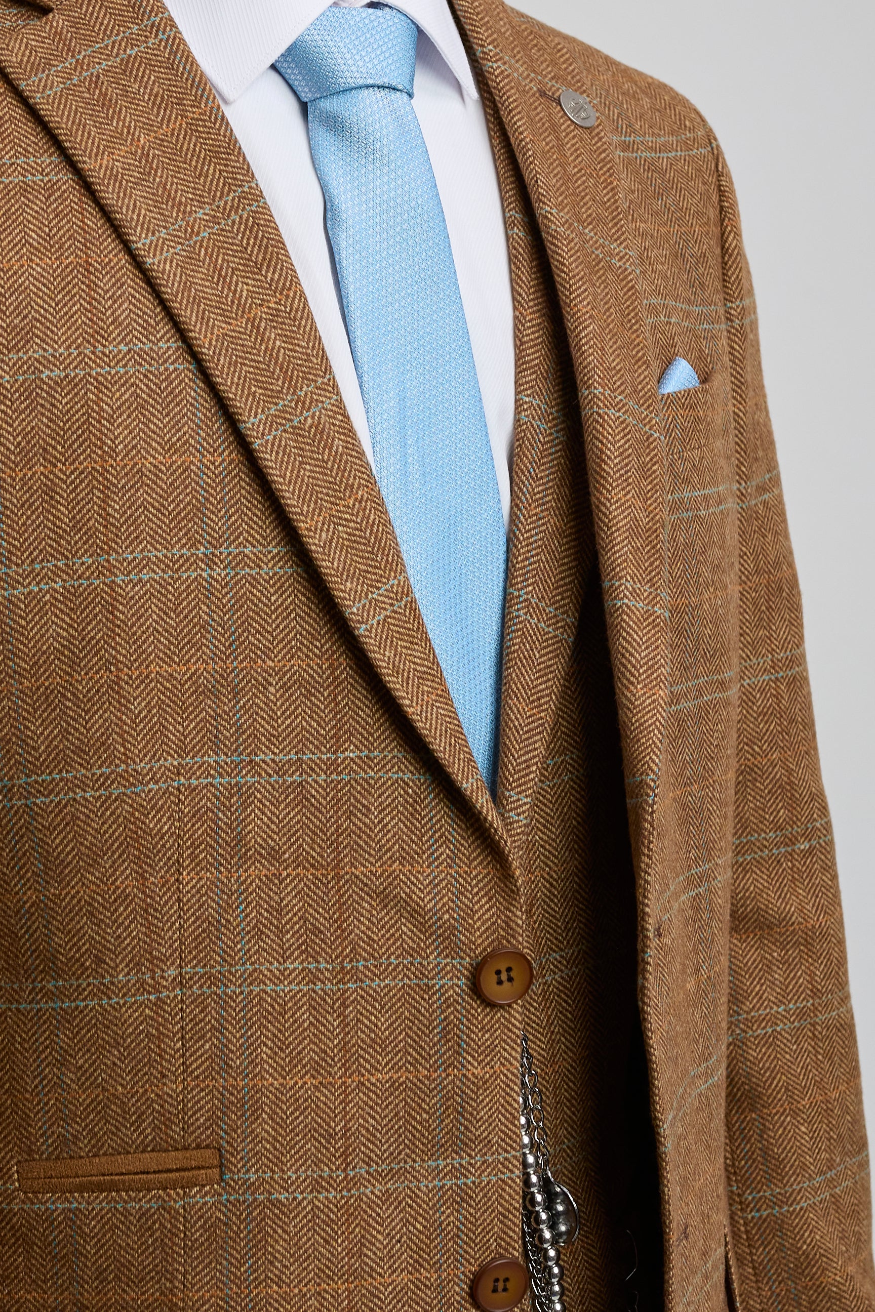 Men's 3 Piece Suit Wool Tweed Herringbone Tan Brown Blue Check 1920s Gatsby