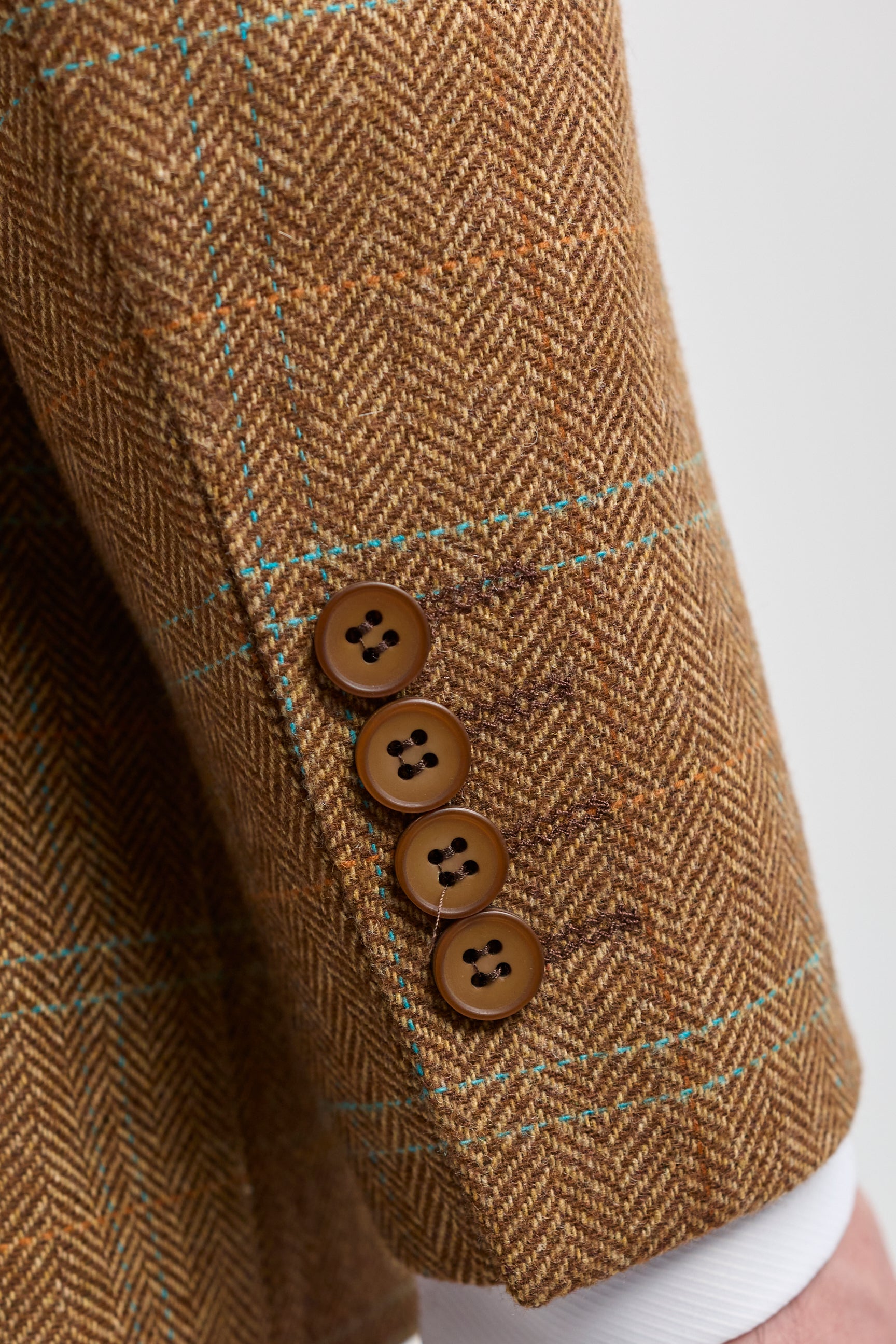 Men's 3 Piece Suit Wool Tweed Herringbone Tan Brown Blue Check 1920s Gatsby
