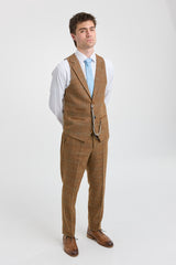 Men's 3 Piece Suit Wool Tweed Herringbone Tan Brown Blue Check 1920s Gatsby