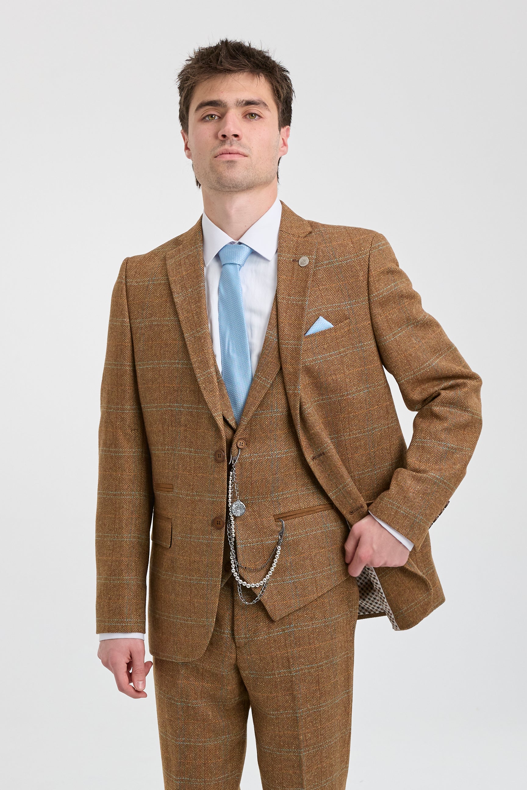 Men's 3 Piece Suit Wool Tweed Herringbone Tan Brown Blue Check 1920s Gatsby