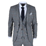 Gray checkered suit with a tie and pocket square on a white background