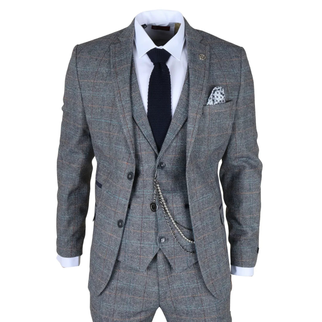 Gray checkered suit with a tie and pocket square on a white background