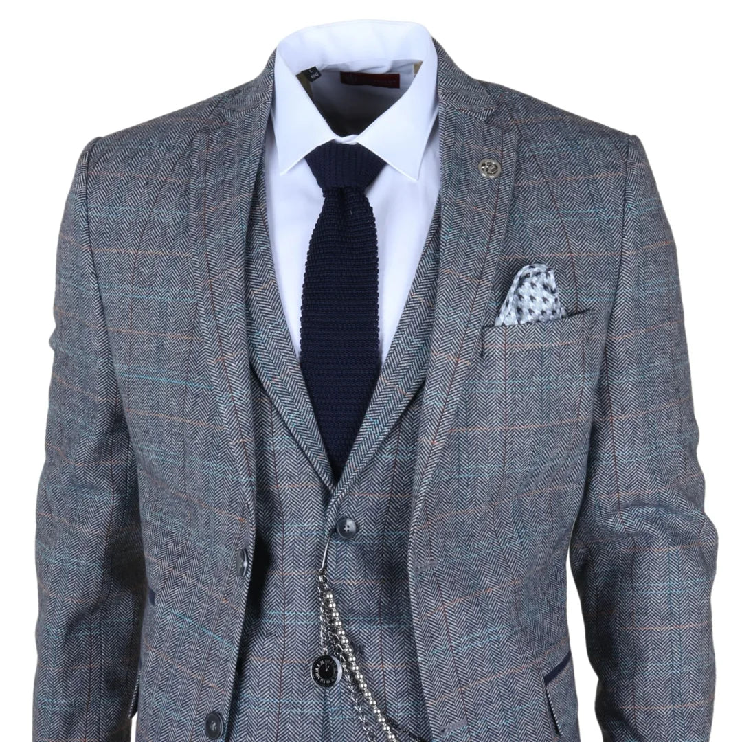 Men's 3 Piece Suit Wool Tweed Light Blue Grey Check