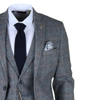 Men's 3 Piece Suit Wool Tweed Light Blue Grey Check
