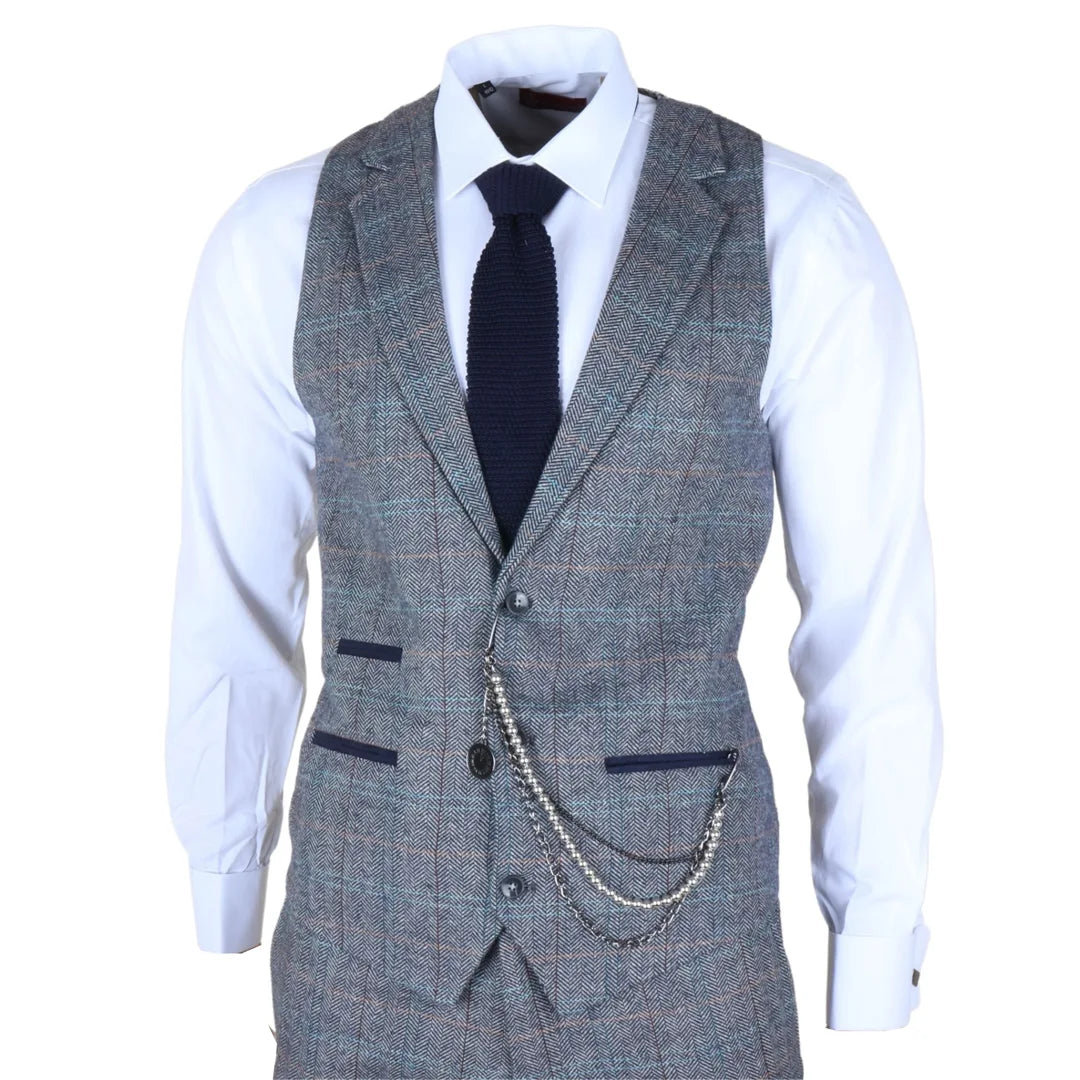 Men's 3 Piece Suit Wool Tweed Light Blue Grey Check