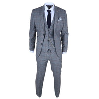 Men's 3 Piece Suit Wool Tweed Light Blue Grey Check
