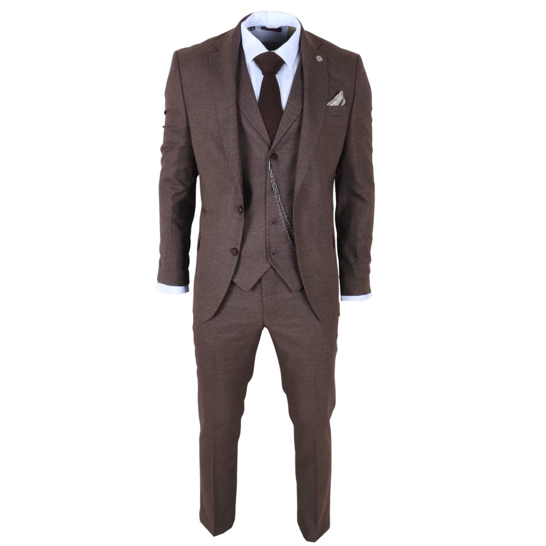 TP-50 - Men's Brown 3 Piece Prince Of Wales Check Suit