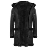 Men's Shearling Sheepskin Duffle Coat WW2 UK Winter 3/4 Leather Hood