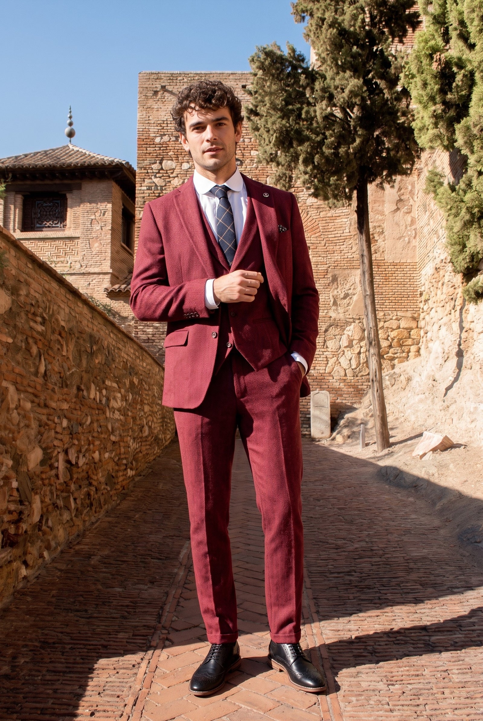 Look #181 styled with Men's Herringbone Wine Maroon 3 Piece Tweed Suit - STZ11