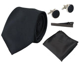 Satin Silk Black Tie Gift Set Pocket Square Cuff Links Tie Shiny Satin