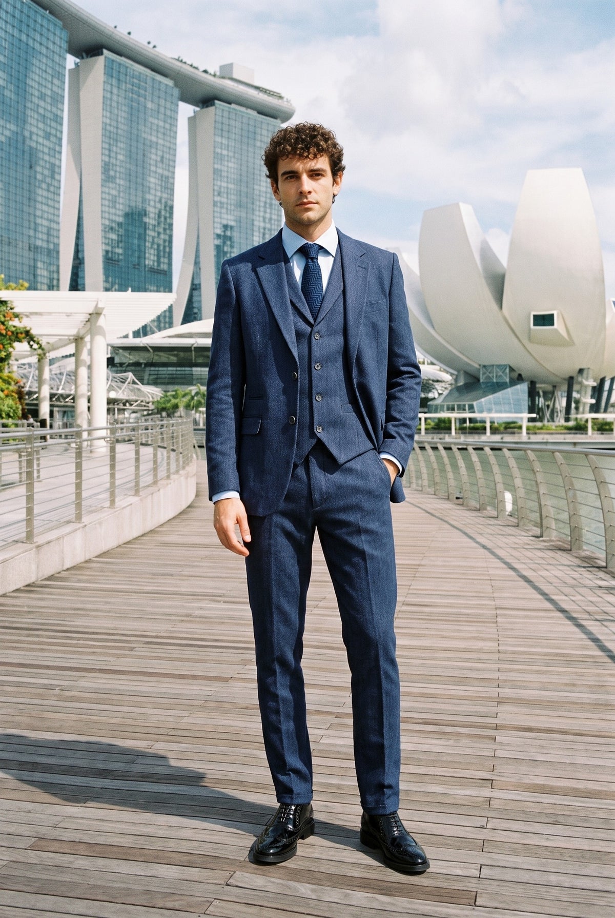 Look #989 styled with Men's Navy-Blue Herringbone Tweed 3 Piece Suit